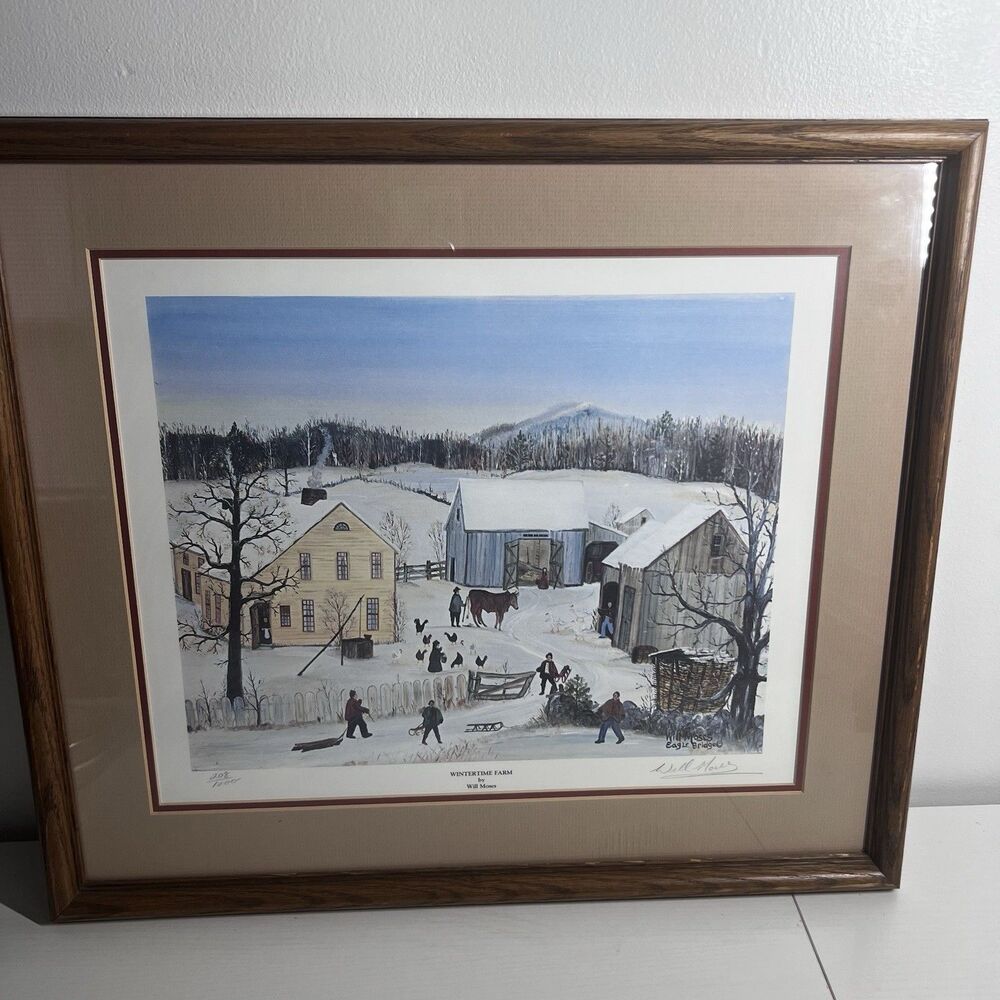 Will Moses Signed Ltd Ed Serigraph Wintertime Farm Framed Folk Art Print208/1000